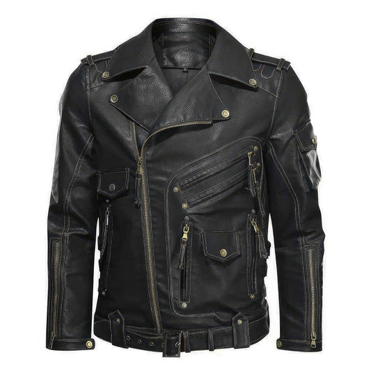 Mens Motorcycle Leather Jacket Male Autumn Cool Zipper Pockets Outwear Coats Genuine Leather Jackets