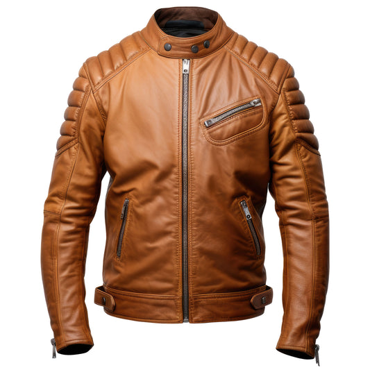 Mens Leather Biker Jacket Puffer Cafe Racer Slim Fit Tan Zipper Moto Genuine Leather Jackets