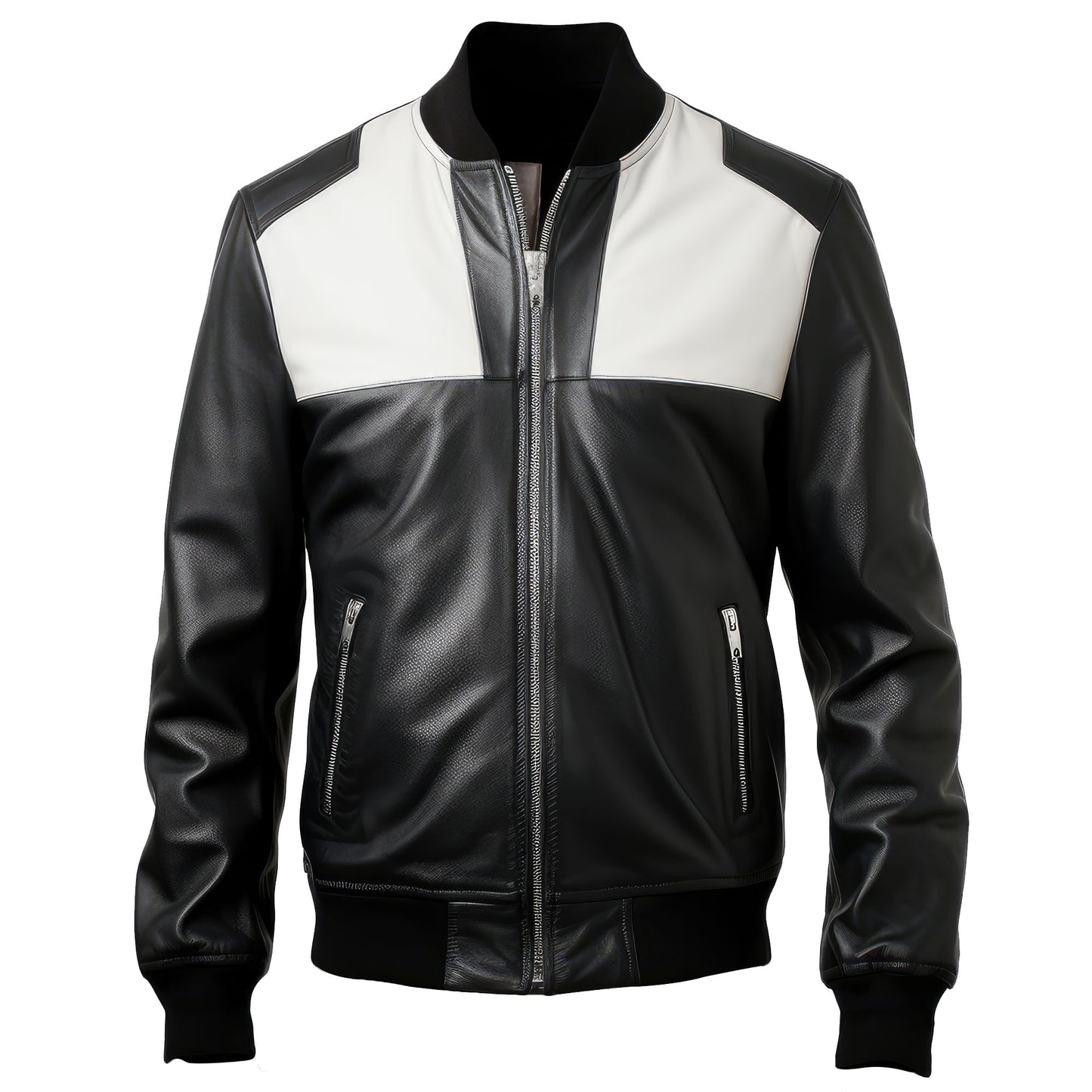 Mens Black White Varsity College Varsity Jackets Bomber Zipper Genuine Leather Jackets