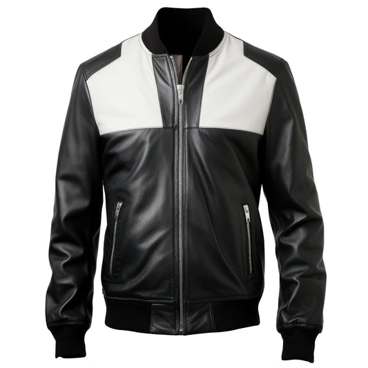 Mens Black White Varsity College Varsity Jackets Bomber Zipper Genuine Leather Jackets