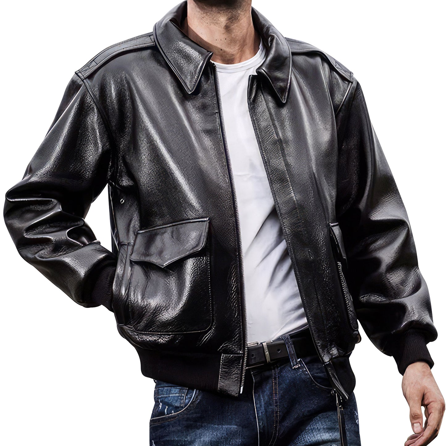 Mens A2 Pilot Coat Lapel Thickened Loose Solid Classic Punk Handsome Versatile Warm Oversize Leather Jacket