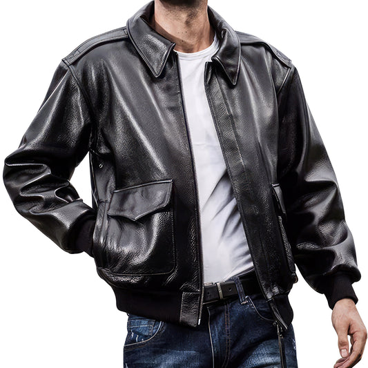 Mens A2 Pilot Coat Lapel Thickened Loose Solid Classic Punk Handsome Versatile Warm Oversize Leather Jacket