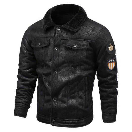 Men's Fleece Fur Collar Motorcycle Jackets Casual Outwear Thermal Leather Coats Genuine Leather Jackets