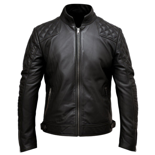 Mens Leather Biker Jacket Quilted Cafe Racer Slim Fit Zip Up Moto Genuine Leather Jacket Jackets