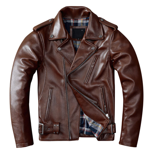 Mens Motorcycle Leather Jacket Suit First Layer Thick Cowhide Leather Jacket Slim-Fit Lapel Genuine Leather Jackets