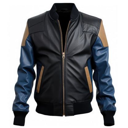 Mens Black Varsity College Varsity Jackets Bomber Zipper Contrast Genuine Leather Jackets