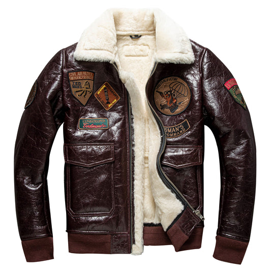 Mens Leather Jacket Inner Embroidery Leather Slim Fit Thermal Jacket With Fur Collar