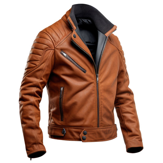 Mens Leather Jacket Puffer Cafe Racer Slim Fit Tan Zipper Pocket Moto Biker Genuine Leather Jackets