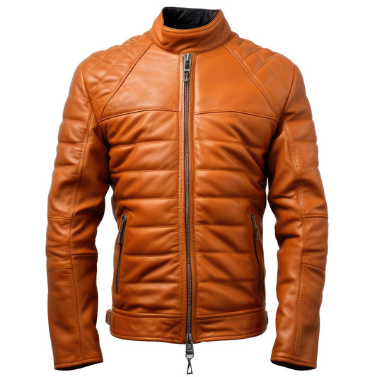 Mens Leather Biker Jacket Puffer Cafe Racer Slim Fit Zipper Moto Genuine Leather Jackets