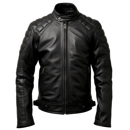 Mens Puffer Real Leather Biker Jacket Cafe Racer Fit Black Multi Zipper Pocket Moto Genuine Leather Jackets