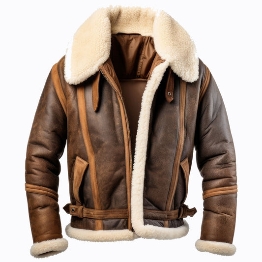 Men Shearling Lapel Fur Leather Jacket Brown B3 Bomber Coat Zipper Pockets Aviation Genuine Leather Jackets