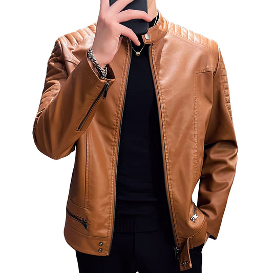 Men Solid Stand Collar Moto Biker Jackets Faux Leather Outerwear Mens Casual Motorcycle Coat Slim Fit Genuine Leather Jacket