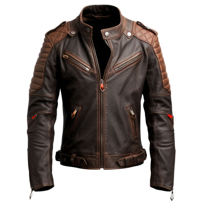 Mens Moto Racer Leather Jacket Biker Motorcycle Sheepskin Coat Side Pockets Zipper Genuine Leather Jackets