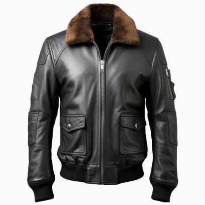 Men Bomber Leather Jacket Lapel Fur Bomber B3 Pilot Coat Front Pockets Genuine Leather Jackets