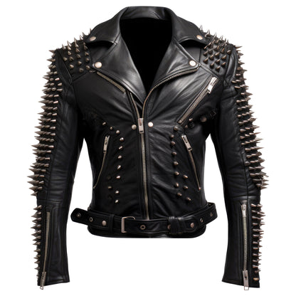 Mens Motorbike Jacket Rock Sleeve and back Punk Spike Studded Motorcycle Biker Moto Genuine Leather Jackets