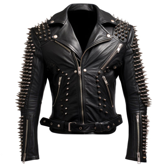 Mens Motorbike Jacket Rock Sleeve and back Punk Spike Studded Motorcycle Biker Moto Genuine Leather Jackets