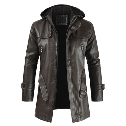 Men Solid Color Hooded Motorcycle Jackets Fashion Long Leather Coat Outerwear Fleece Leather Jacket