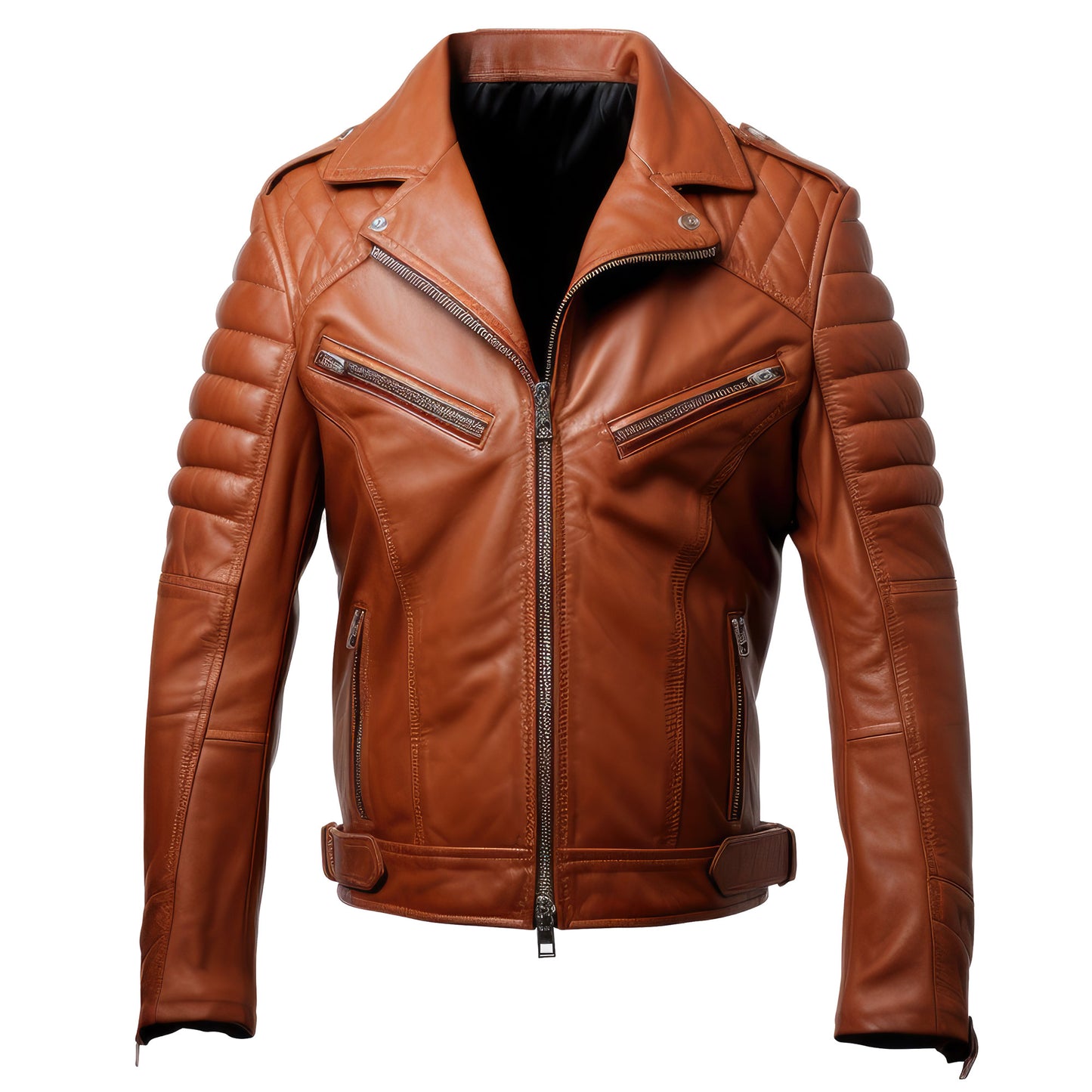 Mens Leather Biker Jacket Puffer Cafe Racer Slim Fit Lapel Zipper Pocket Moto Genuine Leather Jackets