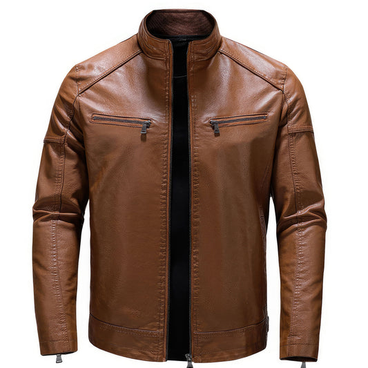 Mens Motorcycle PU Leather Coat Mens Stand Collar Casual Warm Windbreaker Outerwear Genuine Leather Jackets