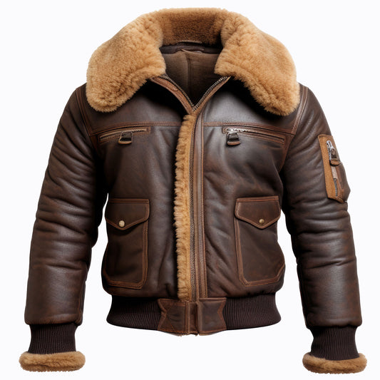 Men Aviator Lapel Fur Leather Jacket Casual Bomber Coat Front Pockets Aviation Genuine Leather Jackets