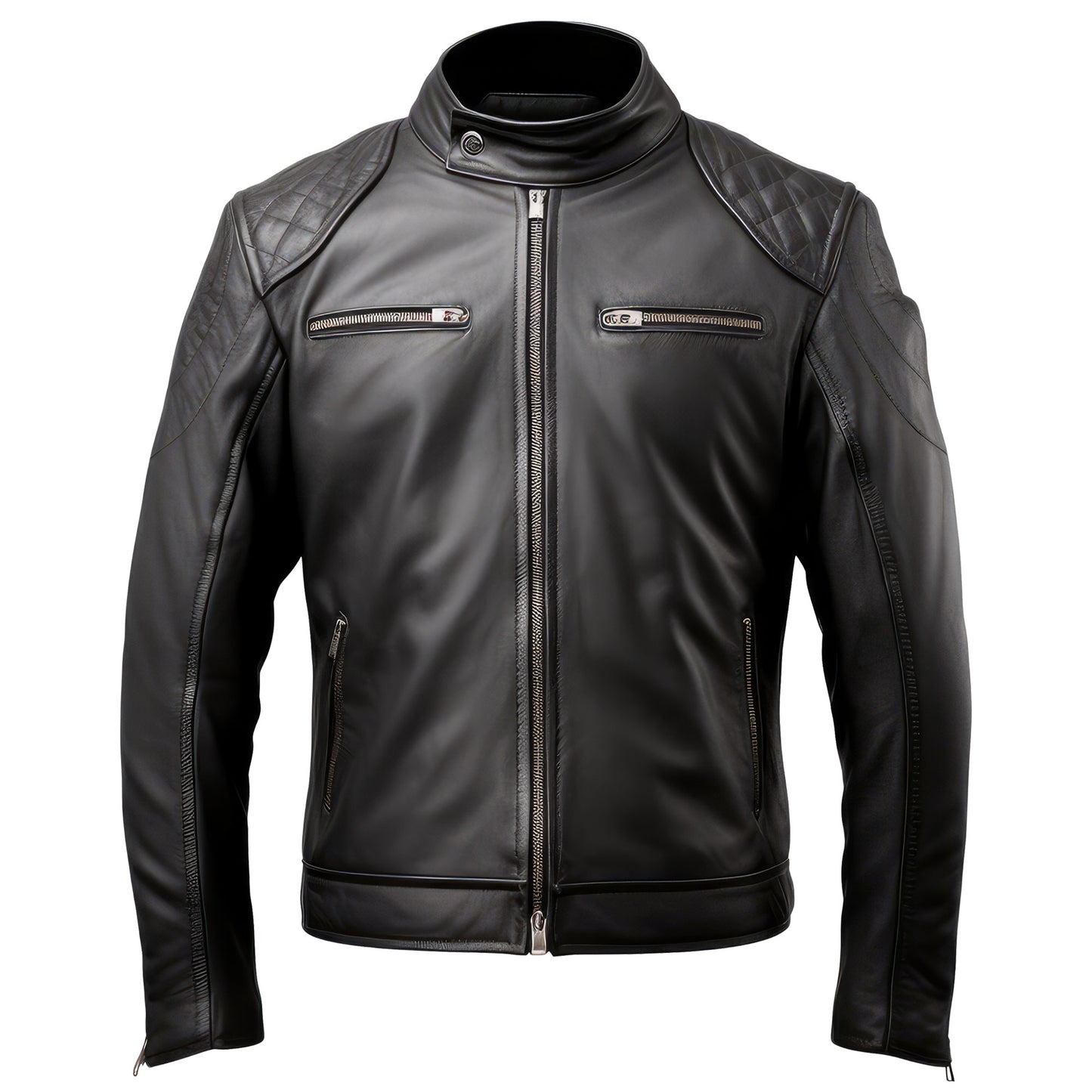 Mens Black Cafe Racer Casual Motorcycle Sheepskin Coat Zipper Pockets Stand Collar Bikers Genuine Leather Jackets