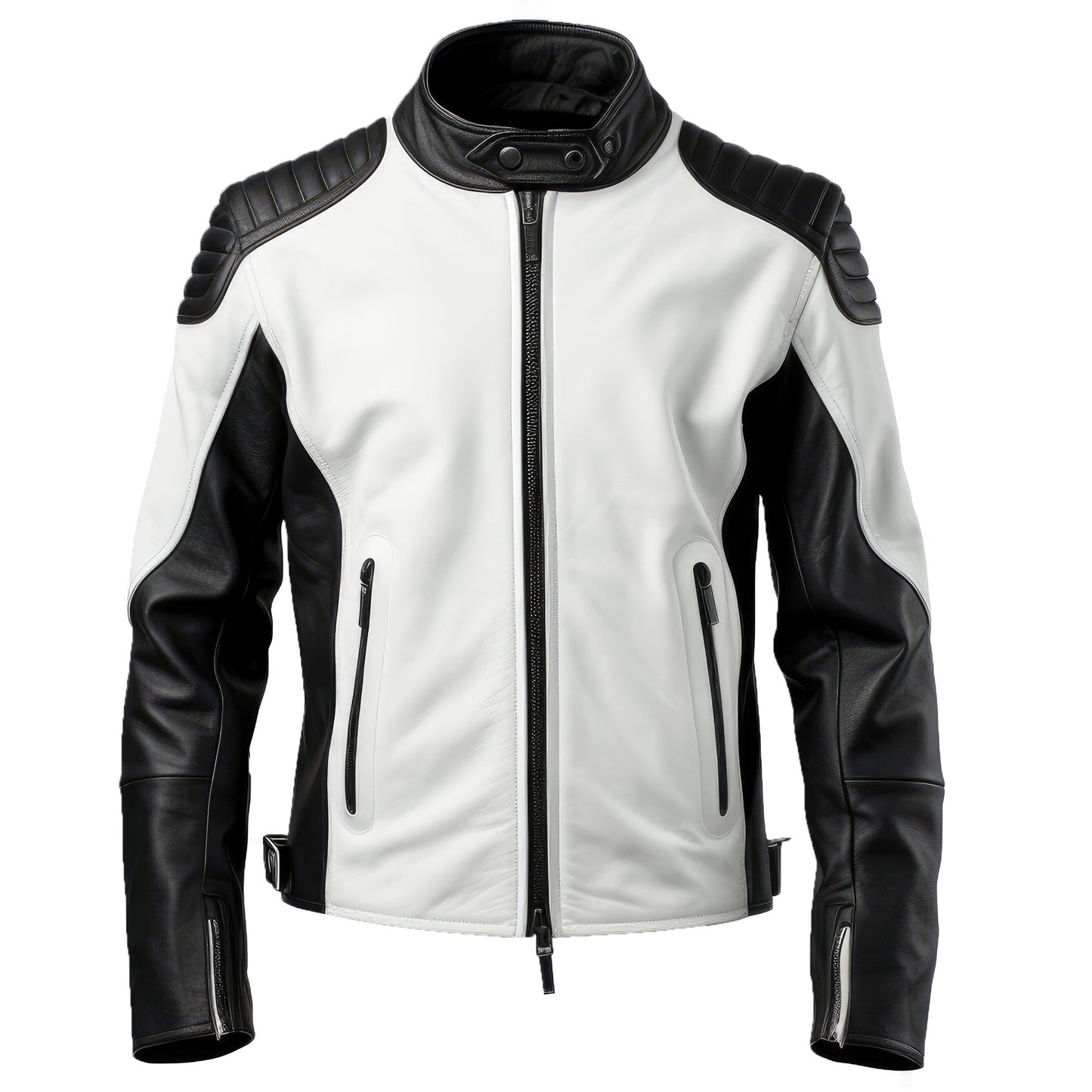 Mens Biker Casual Motorcycle Sheepskin Coat Side Pockets Zipper Red Black and Gold Contrast Genuine Leather Jackets