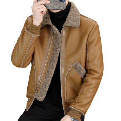 Mens Thickened and Warm Casual Leather Jacket Windproof Motorcycle Coat Winter Leather Fur Integrated Genuine Leather Jackets