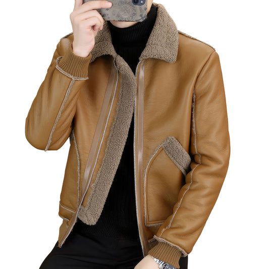 Mens Thickened and Warm Casual Leather Jacket Windproof Motorcycle Coat Winter Leather Fur Integrated Genuine Leather Jackets