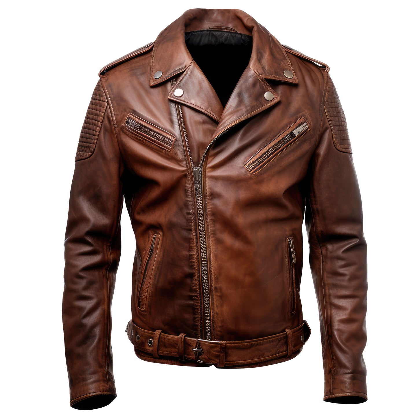 Mens Moto Racer Leather Jacket Biker Brown Motorcycle Sheepskin Coat Side Pockets Zipper Genuine Leather Jackets