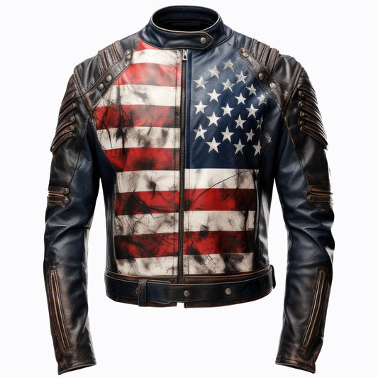 Mens Distressed Inspired by American Flag USA Casual Motorcycle Zipper Coat With USA Flag Genuine Leather Jackets