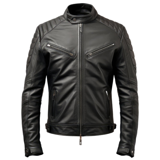 Mens Puffer Leather Biker Jacket Cafe Racer Fit Black Zipper Pocket Moto Genuine Leather Jackets