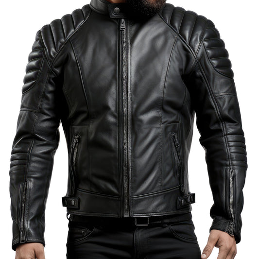 Mens Puffer Leather Biker Jacket Racer Fit Black Multi Zipper Pocket Motorbike Rider Genuine Leather Jackets