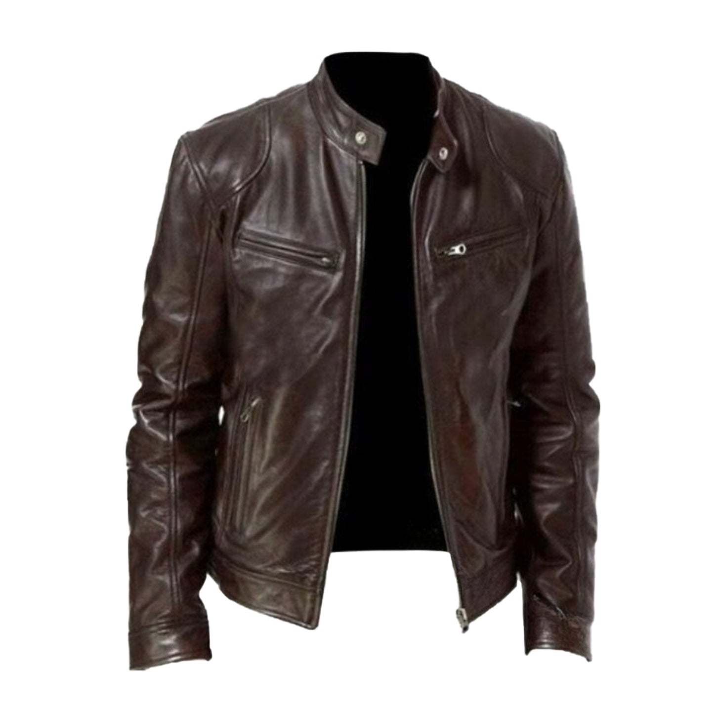 Business Gentleman Zipper Pocket Leather Coat Stand Neck Slim Fit Genuine Leather Jacket