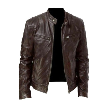 Business Gentleman Zipper Pocket Leather Coat Stand Neck Slim Fit Genuine Leather Jacket