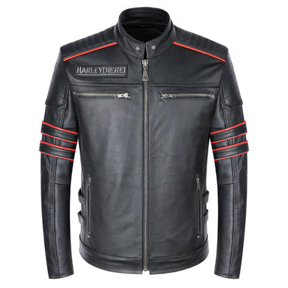 Mens Embroidery Skull Motorcycle Jackets Natural Leather Moto Jacket Biker Genuine Leather Slim Coat