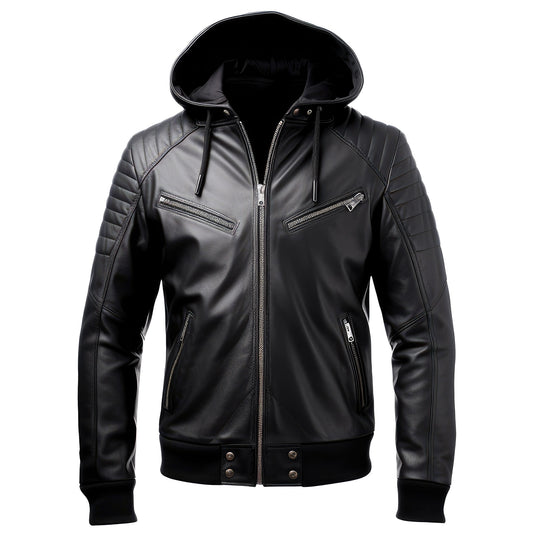 Mens Hooded Leather Jacket Black Motorcycle Biker Multi Zipper Genuine Leather Jackets