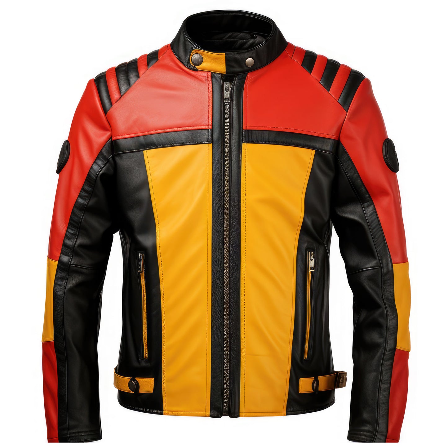 Mens Biker Casual Motorcycle Sheepskin Coat Side Pockets Zipper Red Black and Gold Contrast Genuine Leather Jackets