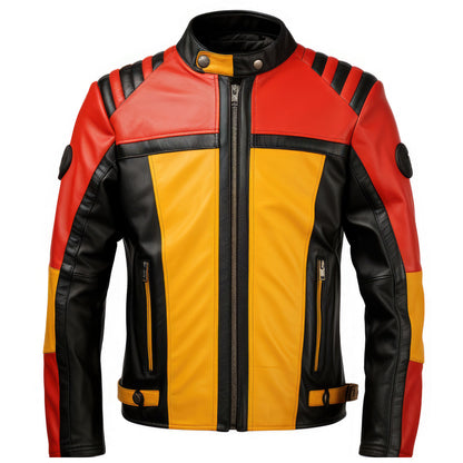 Mens Biker Casual Motorcycle Sheepskin Coat Side Pockets Zipper Red Black and Gold Contrast Genuine Leather Jackets