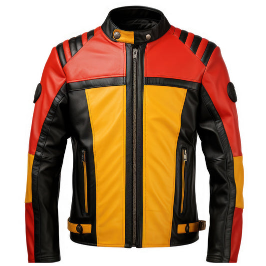 Mens Biker Casual Motorcycle Sheepskin Coat Side Pockets Zipper Red Black and Gold Contrast Genuine Leather Jackets