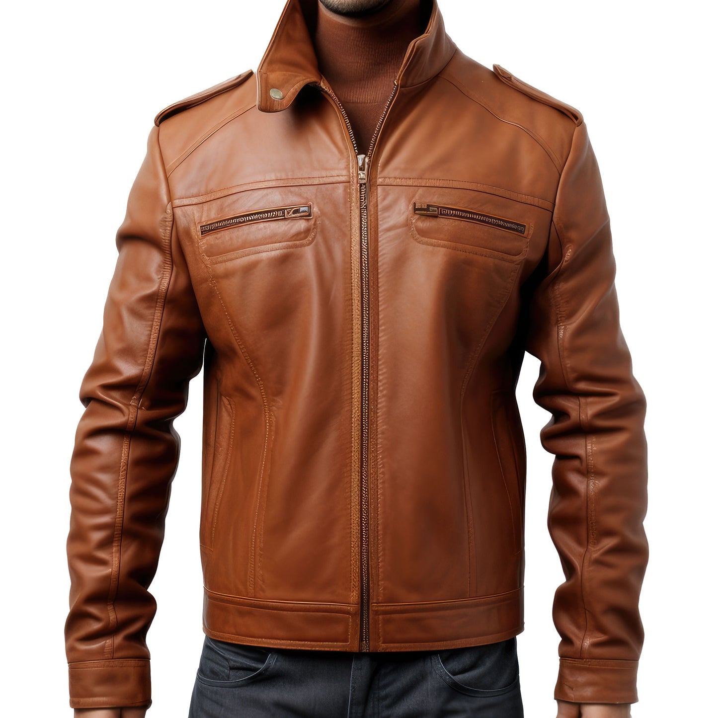 Mens Blazer Leather Jacket Tan Stand Collar Punk Moto Motorcycle Biker Zipper Genuine Leather Jackets