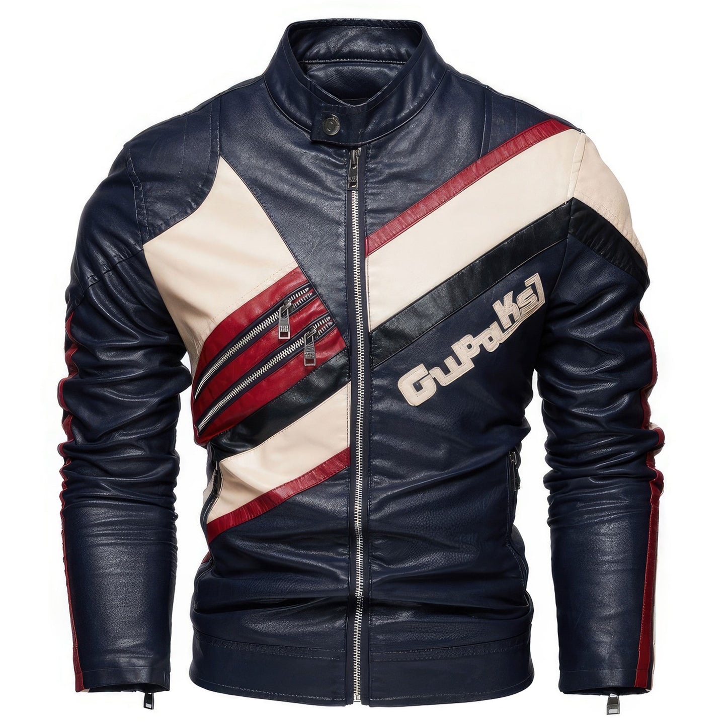 Mens Fleece Leather Jacket Casual Stand Collar Warm Coat Color Matching Men Biker Genuine Leather Jackets