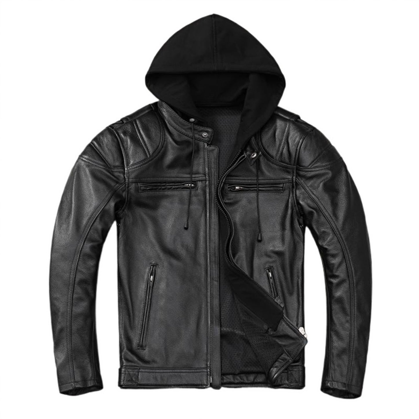 Men Leather Jacket Riding Biker Coat Motorbike Jackets Motorcycle Genuine Cowhide Hood Jacket