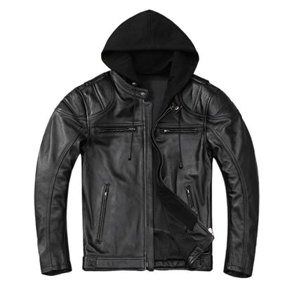 Men Leather Jacket Riding Biker Coat Motorbike Jackets Motorcycle Genuine Cowhide Hood Jacket