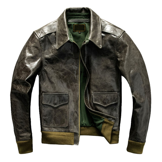 Olive Green Pilot Leather Jacket Men Military Style Aviation Genuine Leather Coat For Men