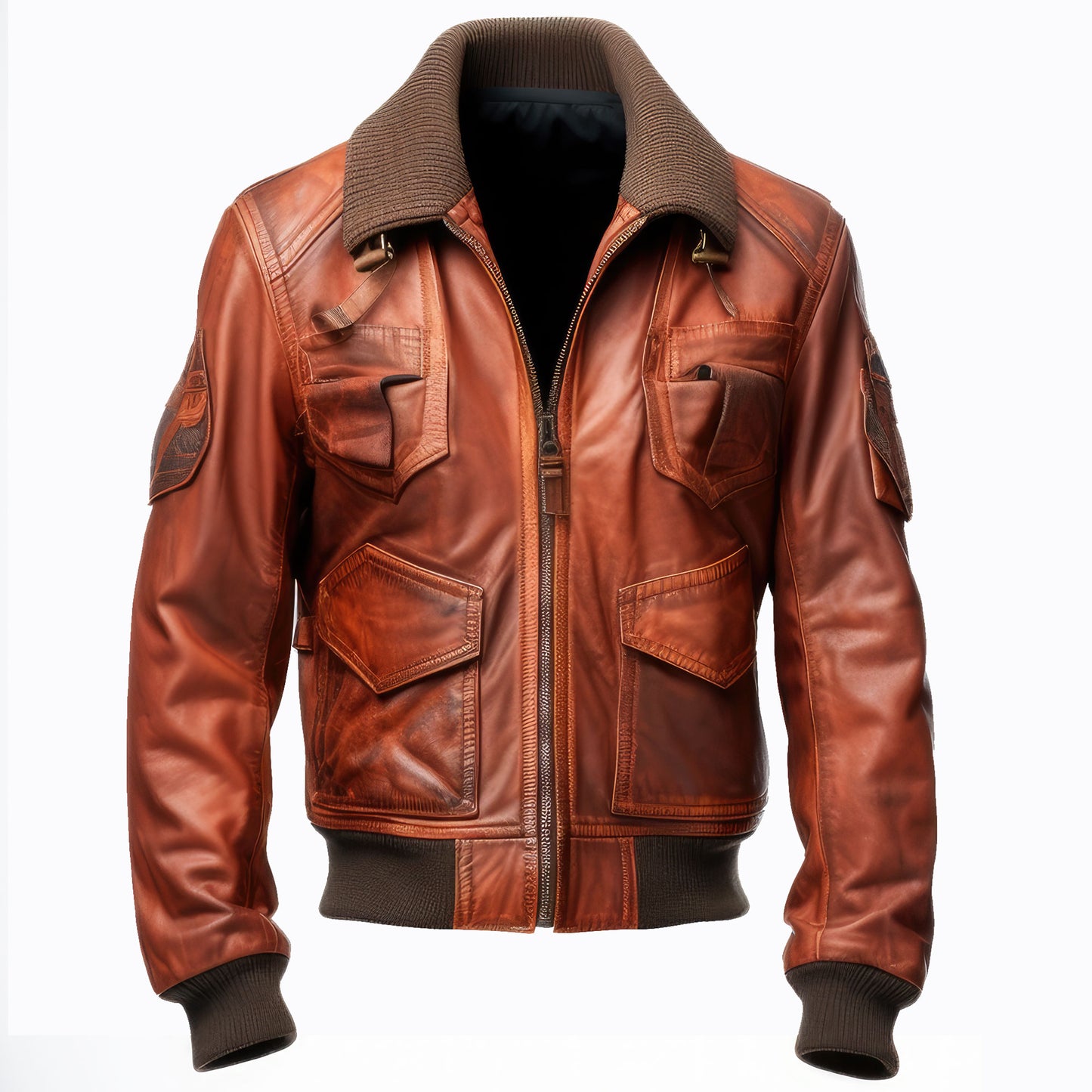 Men Bomber Leather Jacket Flight Coat Front Pockets Stand Collar Genuine Leather Jackets