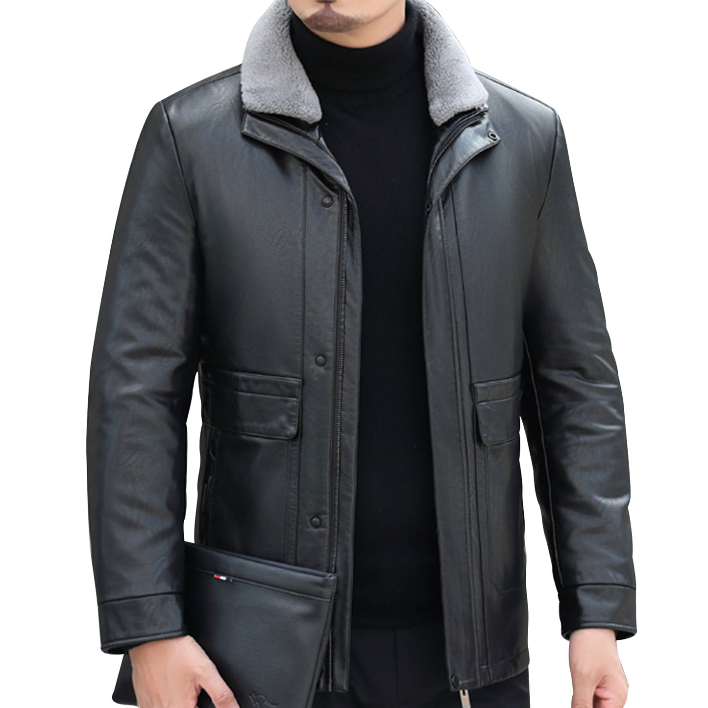 Mens Business Gentleman Zipper Leather Coat Genuine Leather  Windproof Jacket