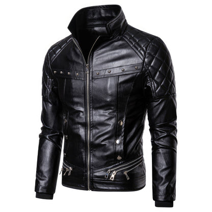 Men's Punk Detachable Leather Fur Collar Rivet Pressed Cotton Thick Windproof Motorcycle Genuine Leather Jackets