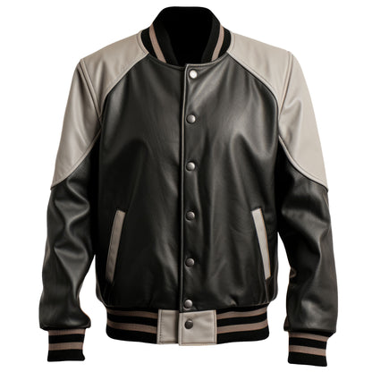Mens Black Grey Varsity College Varsity Jackets Bomber Zipper Contrast Genuine Leather Jackets