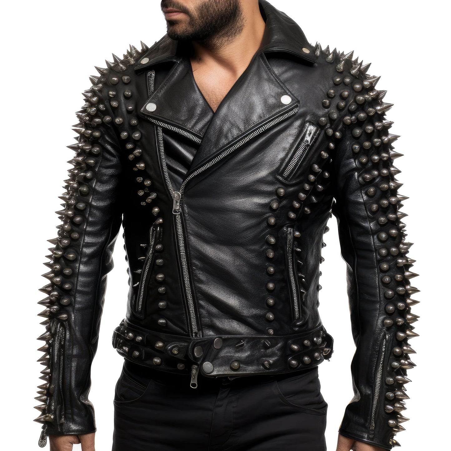 Mens Motorbike Jacket Rock Sleeve Punk Spike Studded Motorcycle Biker Moto Genuine Leather Jackets
