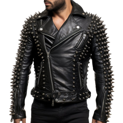 Mens Motorbike Jacket Rock Sleeve Punk Spike Studded Motorcycle Biker Moto Genuine Leather Jackets